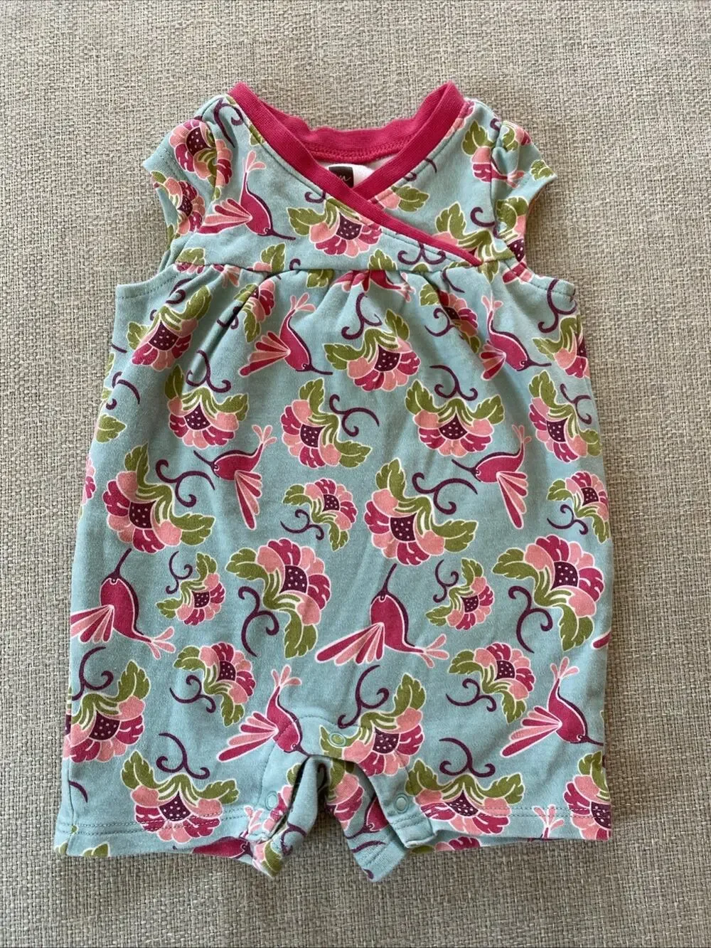 TEA Collection Summer Bubble Snap Romper‎ XXS 0-3 Mths Pink Floral Hummingbird